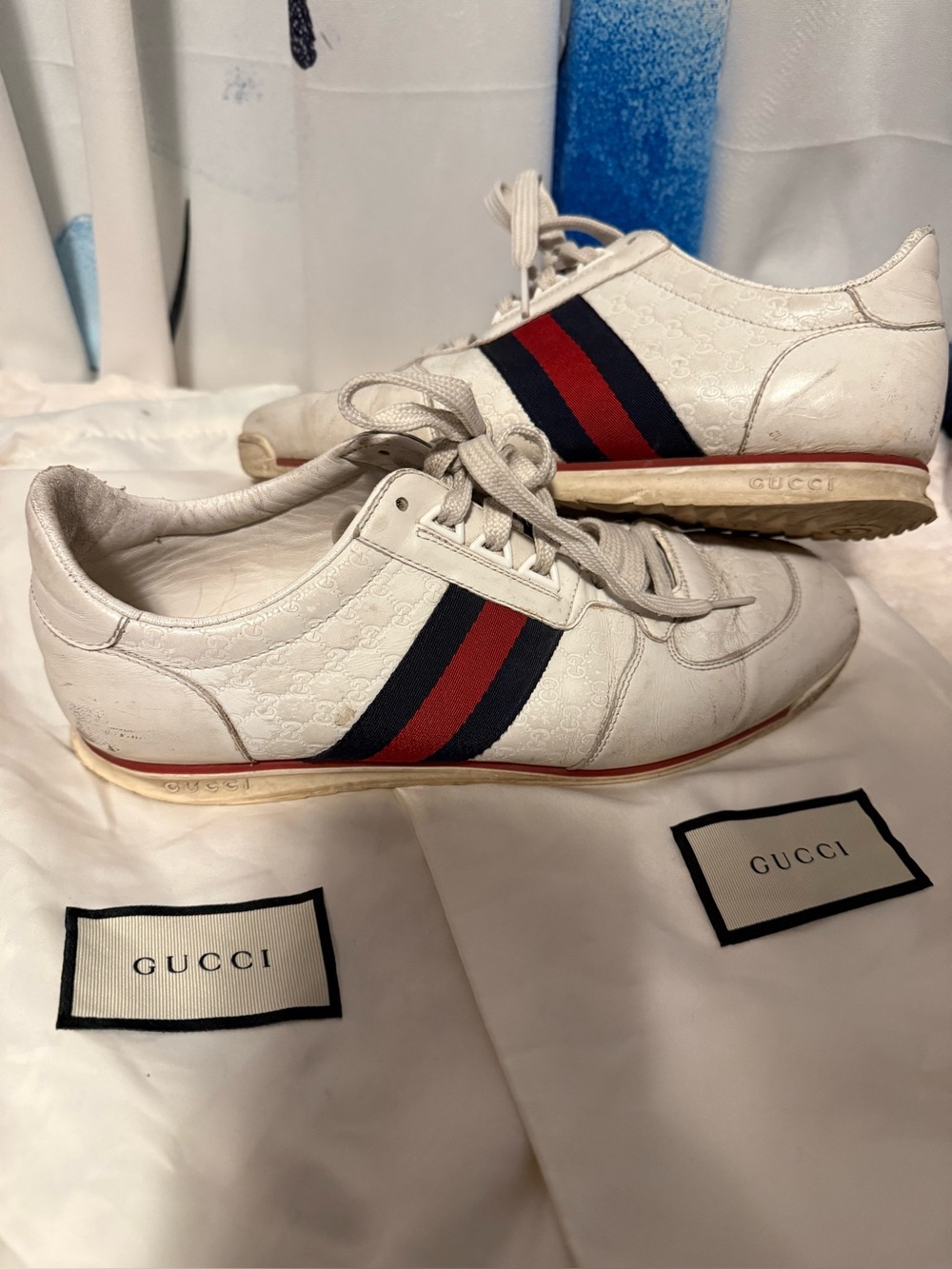 Vintage Gucci Men’s White Leather GG Web Sneakers Size 8.5 Made in Italy